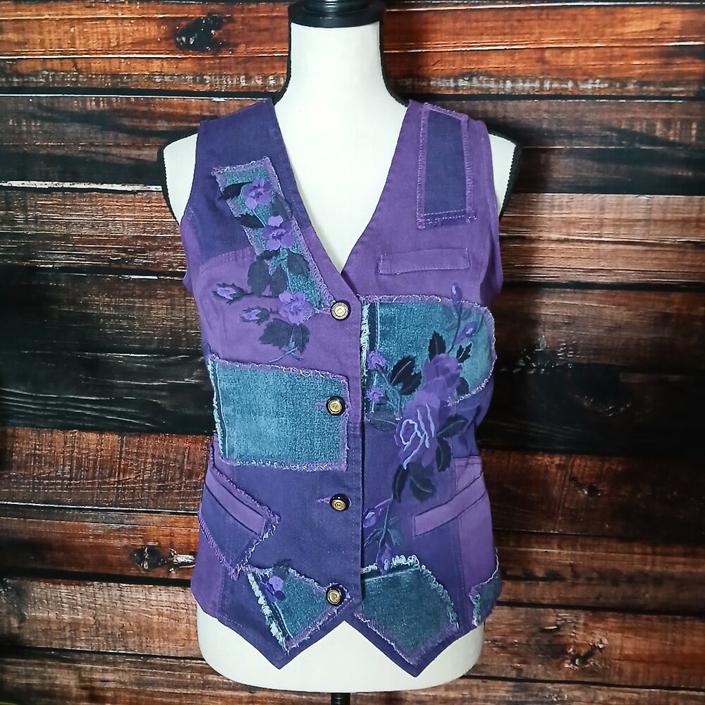 DG2 Diane Gilman Denim Vest M Purple Patchwork Embroidered - Picture 5 of 11